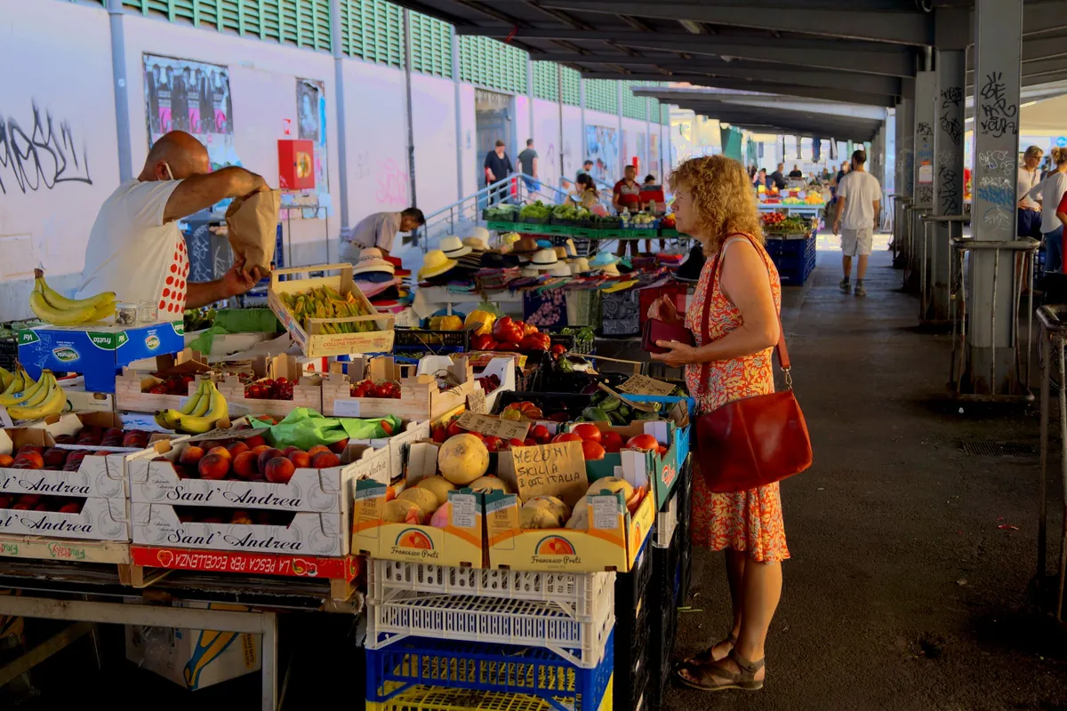 Fruit and vegetable stalls at a Florence street market