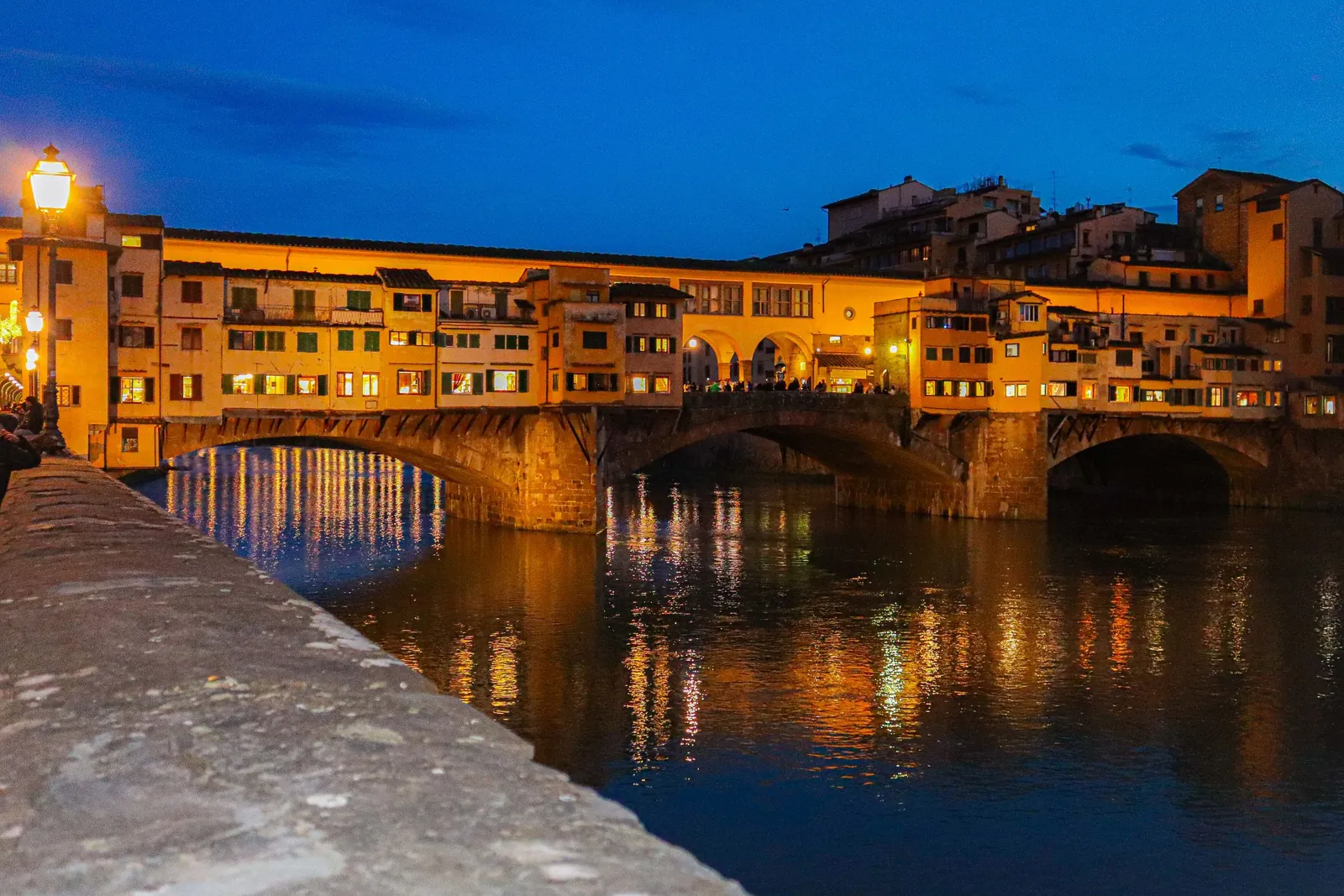 Ponte Vecchio at night. La Terrazza is the rooftop bar of the Hotel Continentale, at the north end of the bridge